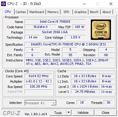CPU-z validation i9-7980XE - 6104.52MHz by der8auer